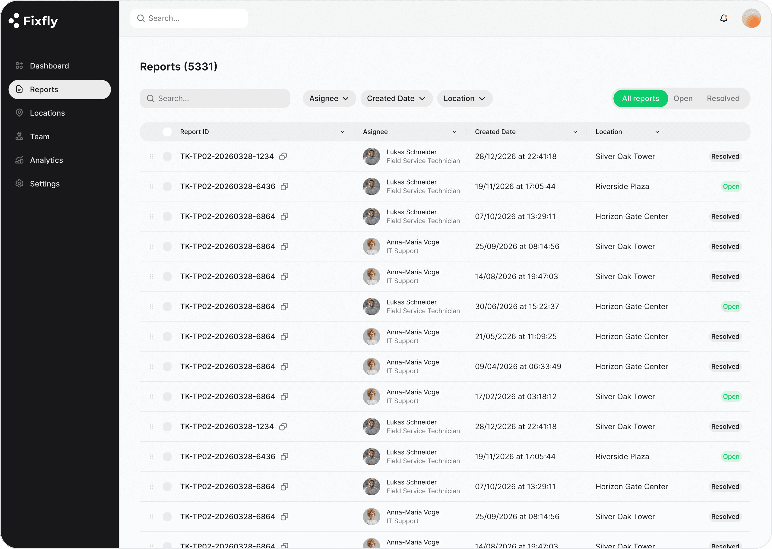 Fixfly Dashboard - Reports view showing issue tracking