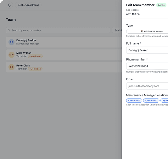 Team management interface