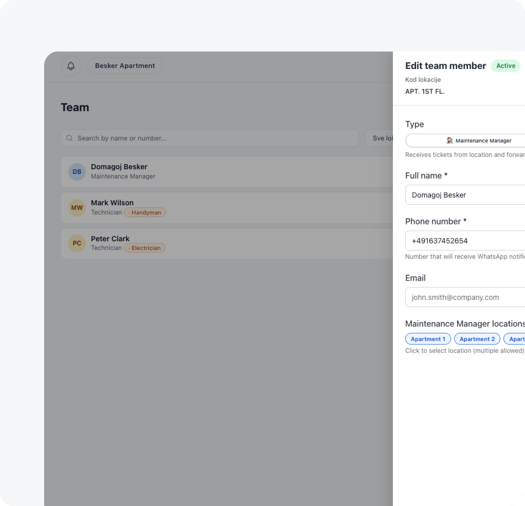 Team management interface